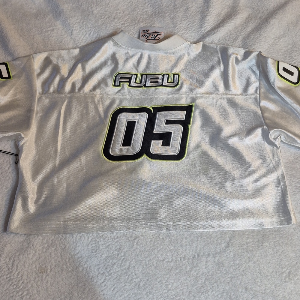 FUBU White Crop Jersey with Neon Green Trim Sz. M - Picture 5 of 6